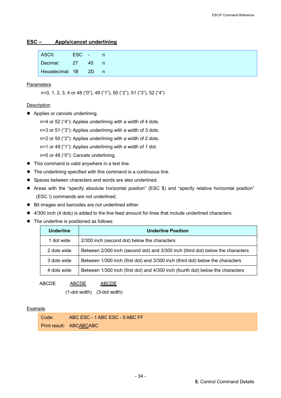 Esc – apply/cancel underlining, Apply/cancel underlining | Brother QL-720NW User Manual | Page 40 / 117