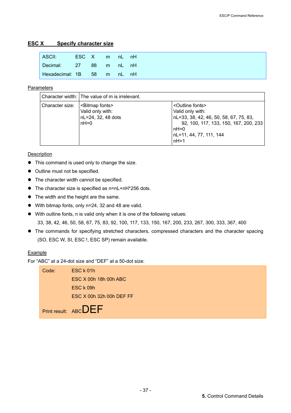 Esc x specify character size, Esc x, Specify character size | Brother QL-720NW User Manual | Page 43 / 117