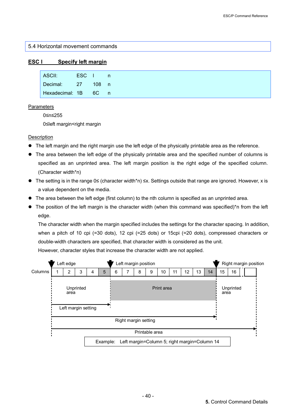 4 horizontal movement commands, Esc l specify left margin, Esc l | Specify left margin, Ction | Brother QL-720NW User Manual | Page 46 / 117