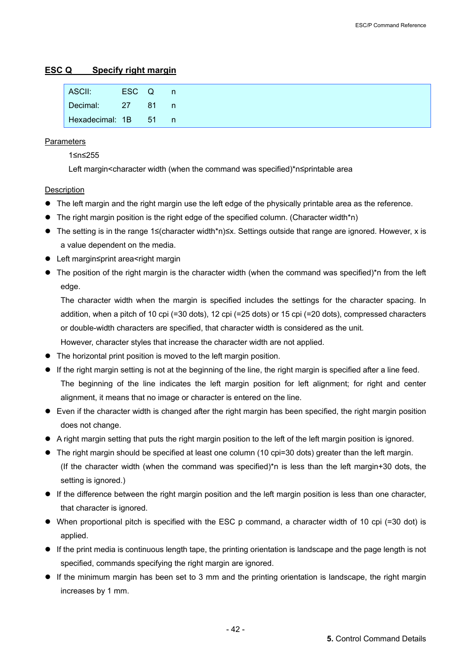 Esc q specify right margin, Esc q, Specify right margin | Brother QL-720NW User Manual | Page 48 / 117