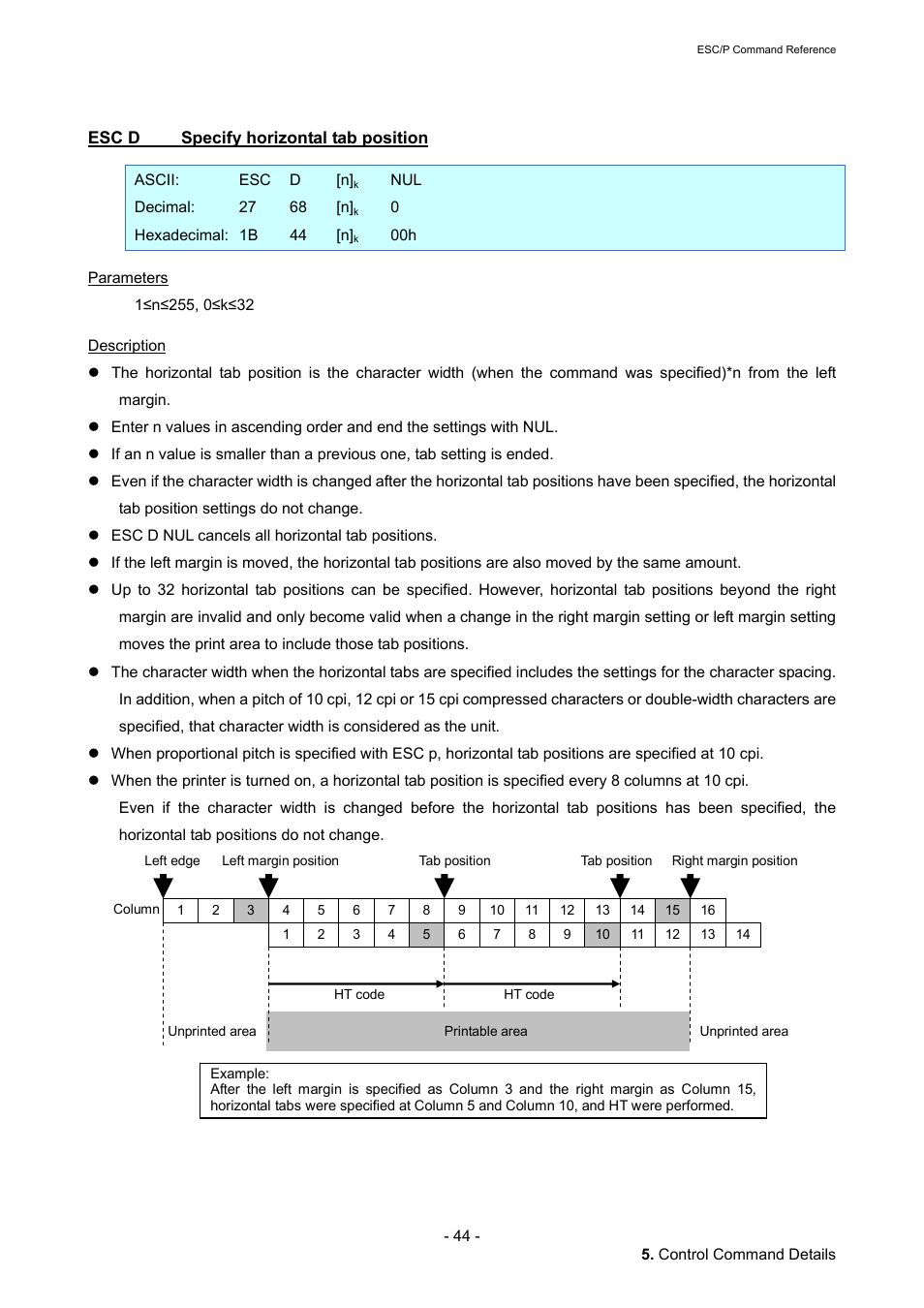 Esc d specify horizontal tab position, Esc d, Specify horizontal tab position | Brother QL-720NW User Manual | Page 50 / 117