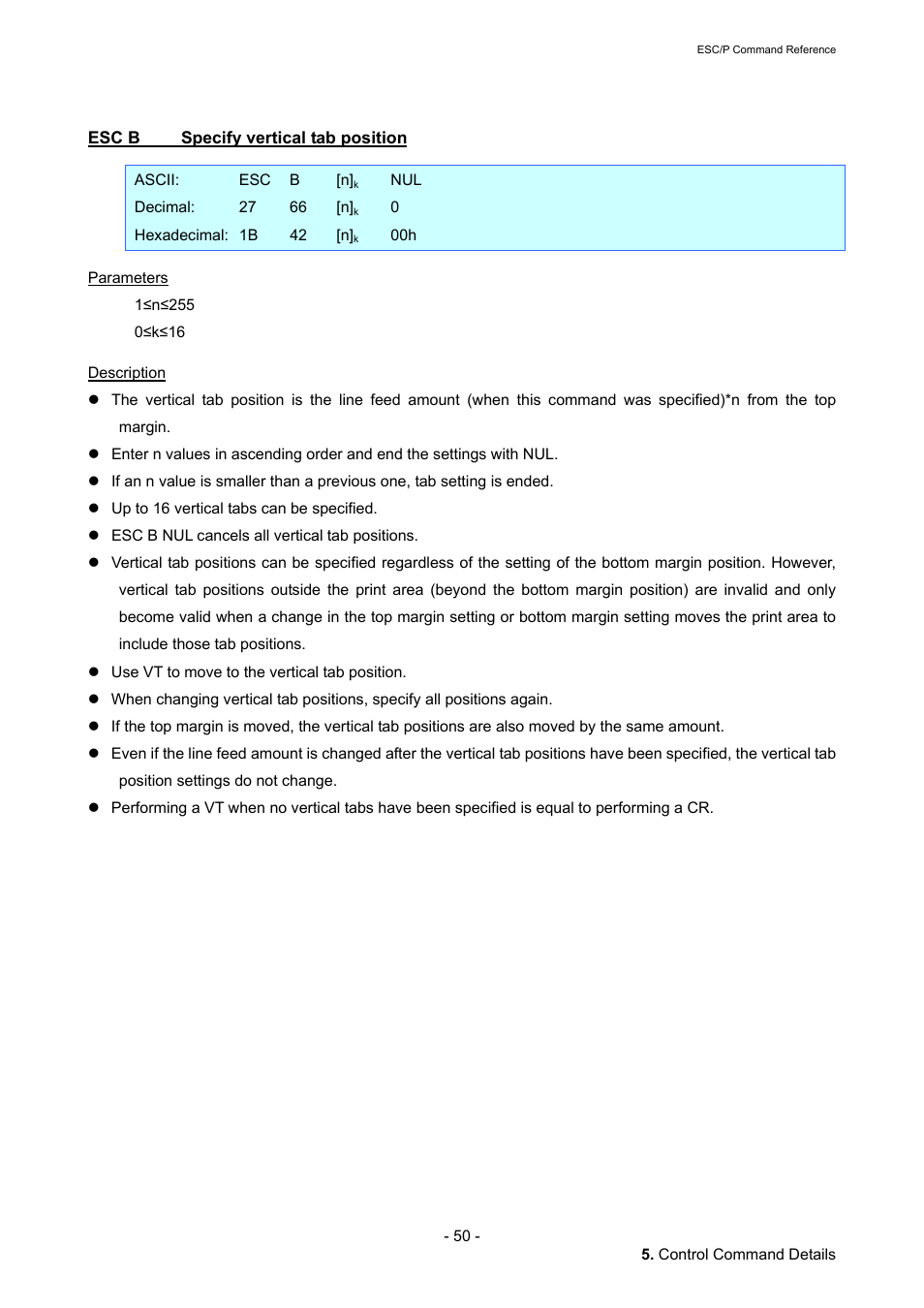 Esc b specify vertical tab position, Esc b, Specify vertical tab position | Brother QL-720NW User Manual | Page 56 / 117