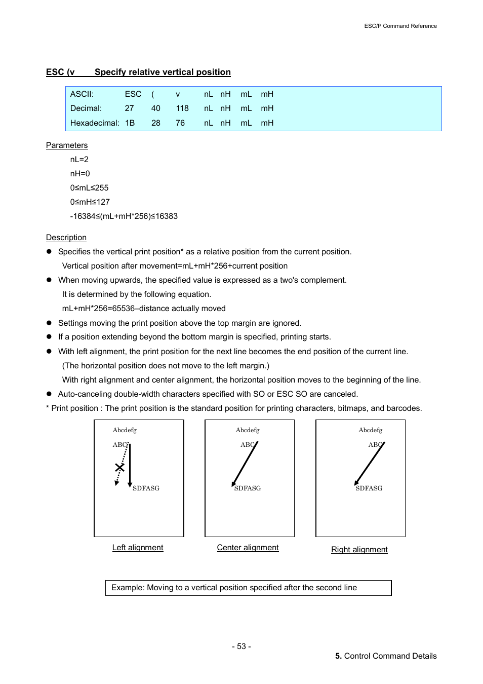 Esc (v specify relative vertical position, Esc (v, Specify relative vertical position | Brother QL-720NW User Manual | Page 59 / 117