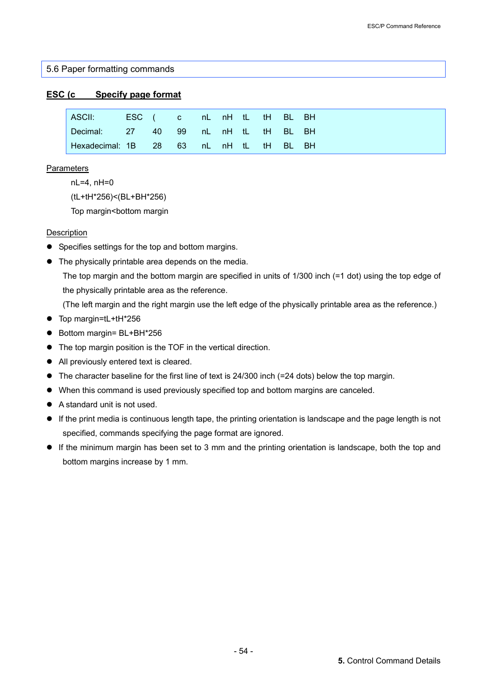 6 paper formatting commands, Esc (c, Ction | Brother QL-720NW User Manual | Page 60 / 117