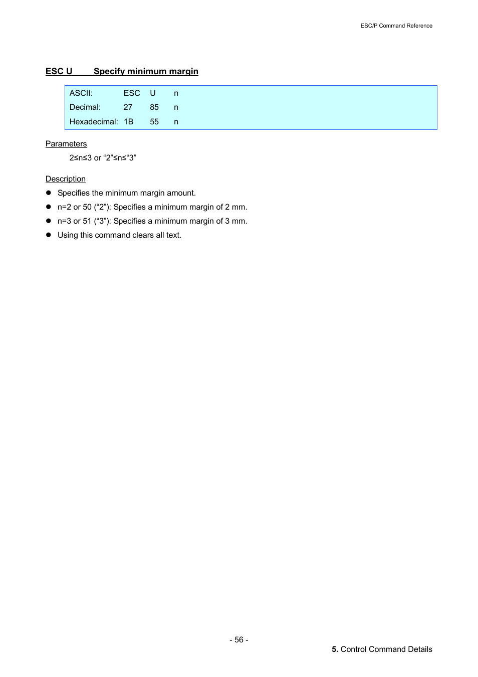 Esc u specify minimum margin, Esc u, Specify minimum margin | Brother QL-720NW User Manual | Page 62 / 117