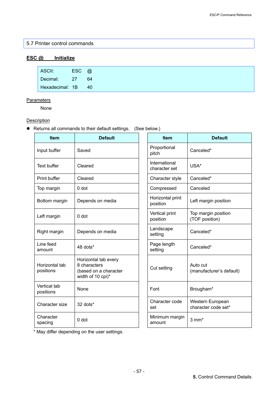7 printer control commands, Esc @ initialize, Initialize | Brother QL-720NW User Manual | Page 63 / 117
