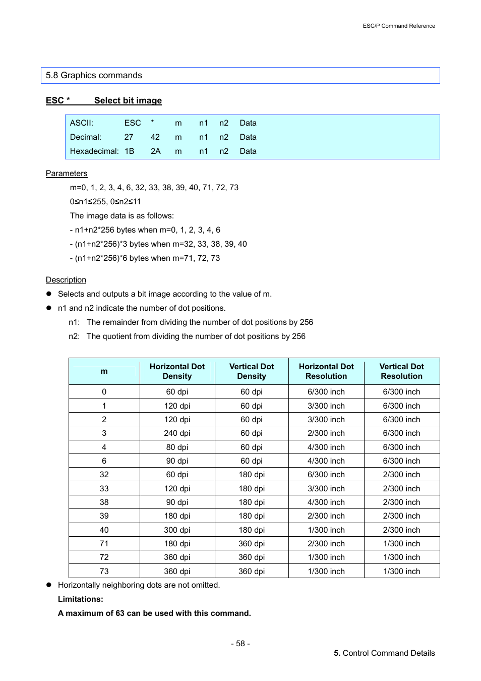 8 graphics commands, Esc * select bit image, Select bit image | Brother QL-720NW User Manual | Page 64 / 117
