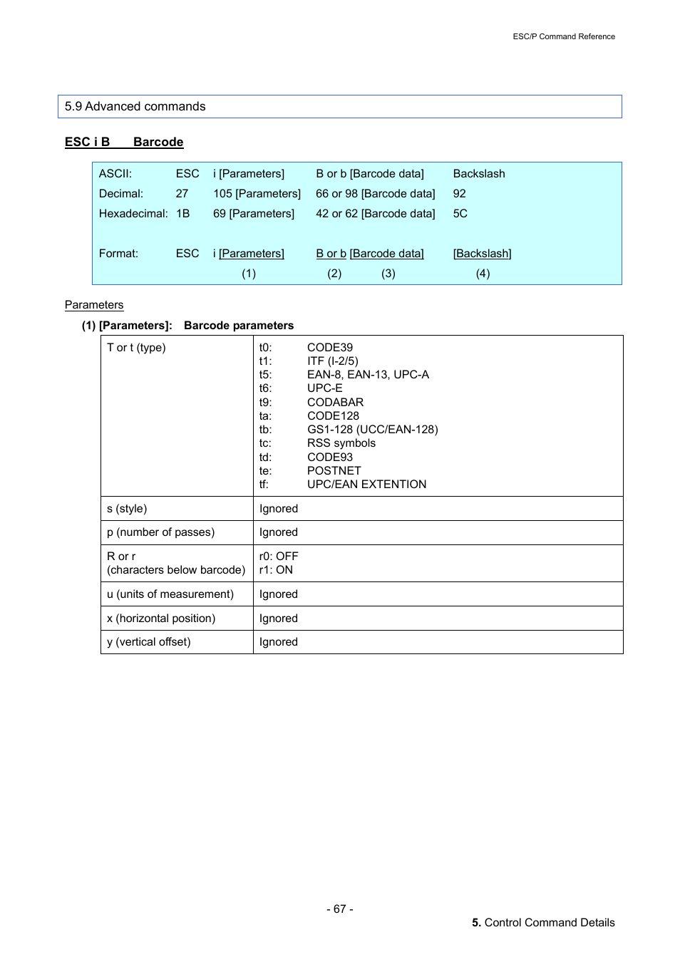 9 advanced commands, Esc i b barcode, Esc i b | Barcode | Brother QL-720NW User Manual | Page 73 / 117