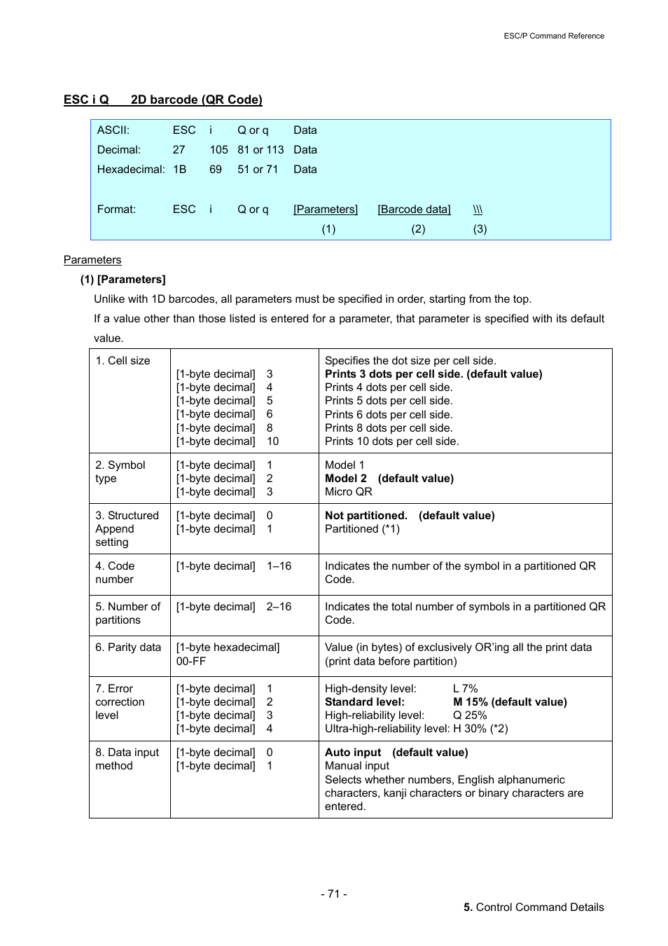 Esc i q 2d barcode (qr code), Esc i q, 2d barcode (qr code) | Brother QL-720NW User Manual | Page 77 / 117