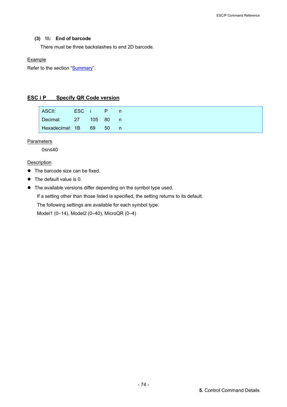 Esc i p specify qr code version, Esc i p, Specify qr code version | Brother QL-720NW User Manual | Page 80 / 117