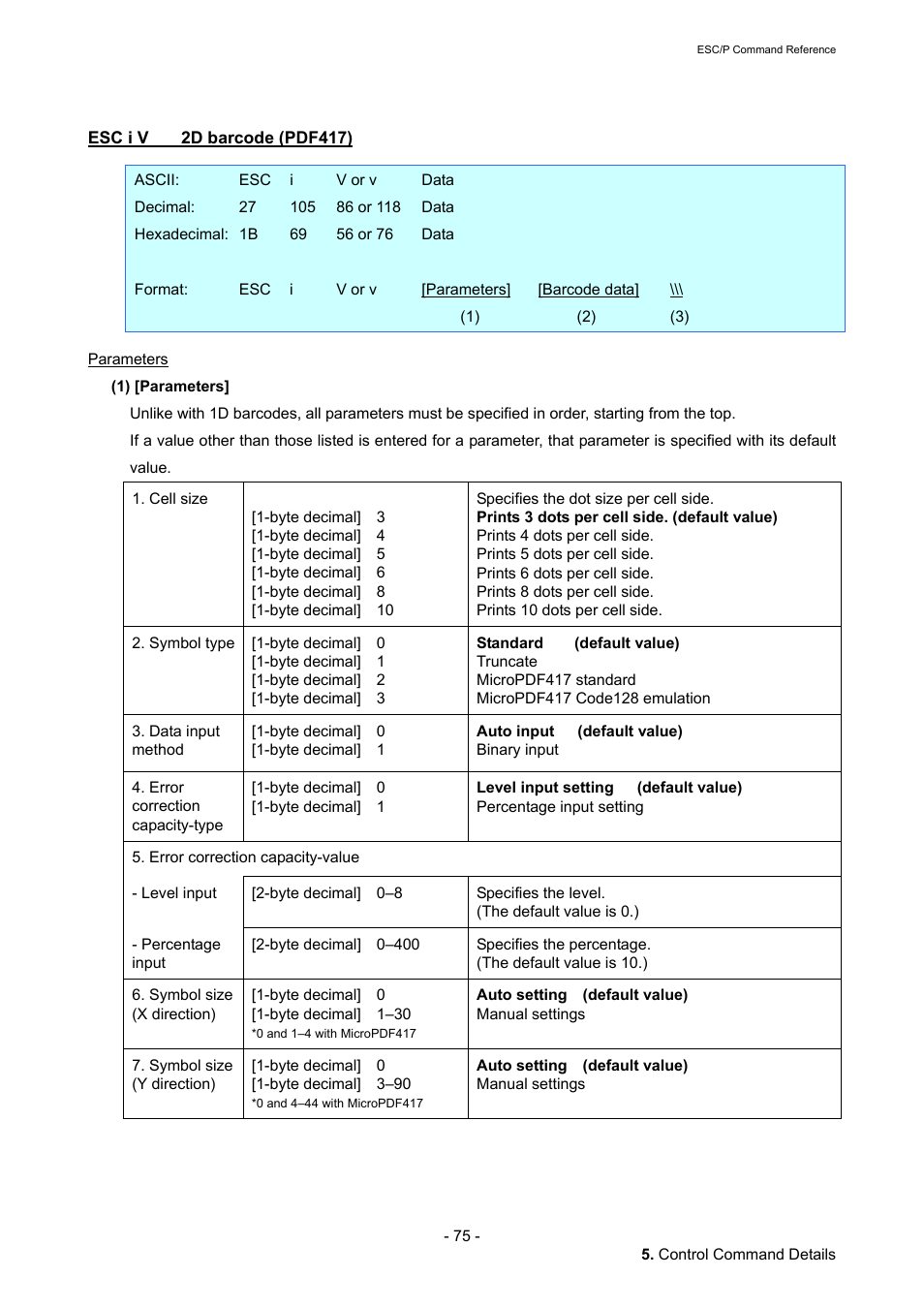 Esc i v 2d barcode (pdf417), Esc i v, 2d barcode (pdf417) | Brother QL-720NW User Manual | Page 81 / 117