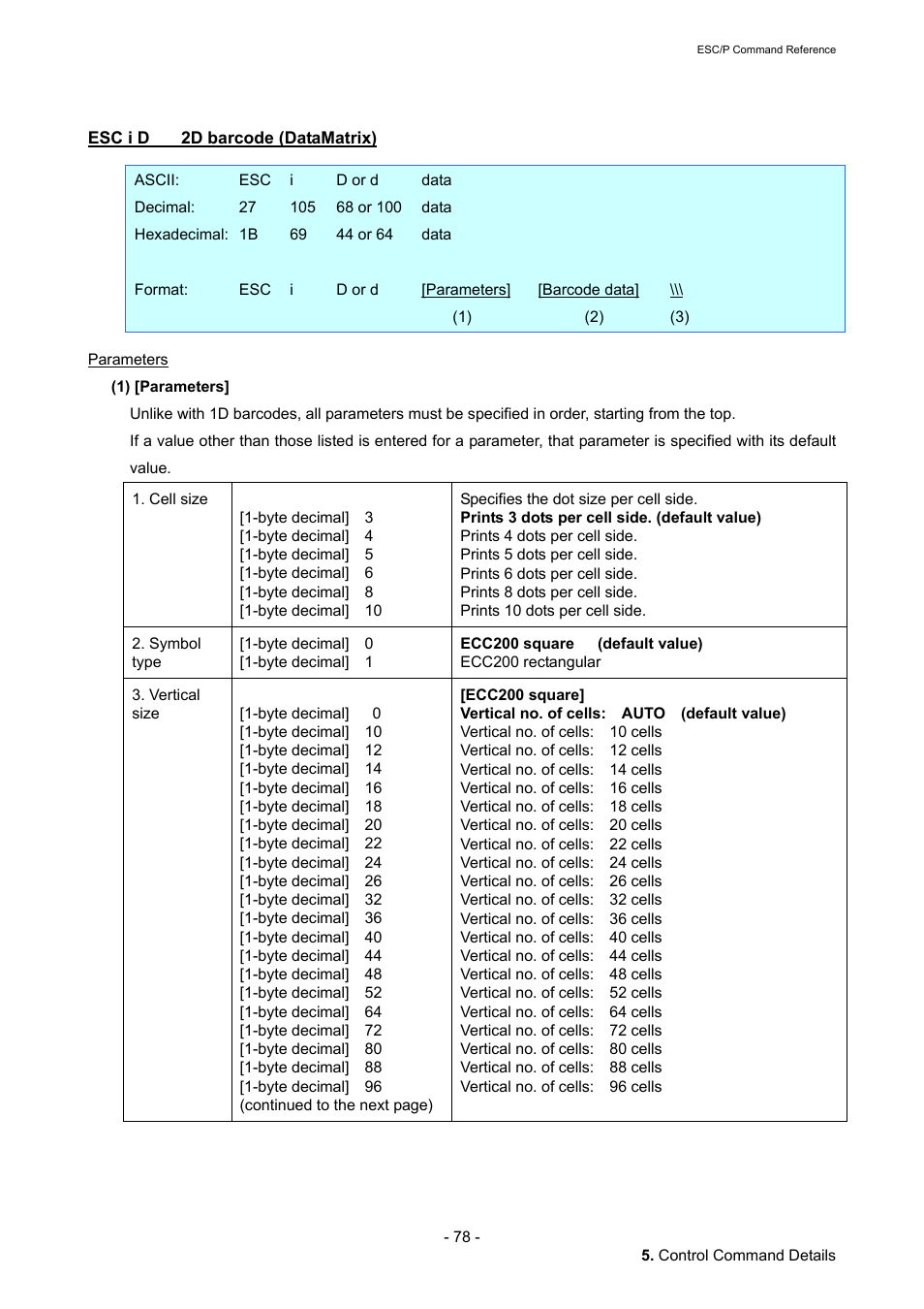 Esc i d 2d barcode (datamatrix), Esc i d, 2d barcode (datamatrix) | Brother QL-720NW User Manual | Page 84 / 117