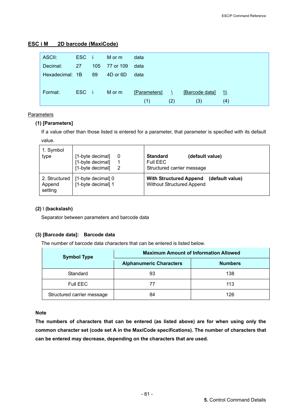 Esc i m 2d barcode (maxicode), Esc i m, 2d barcode (maxicode) | Brother QL-720NW User Manual | Page 87 / 117