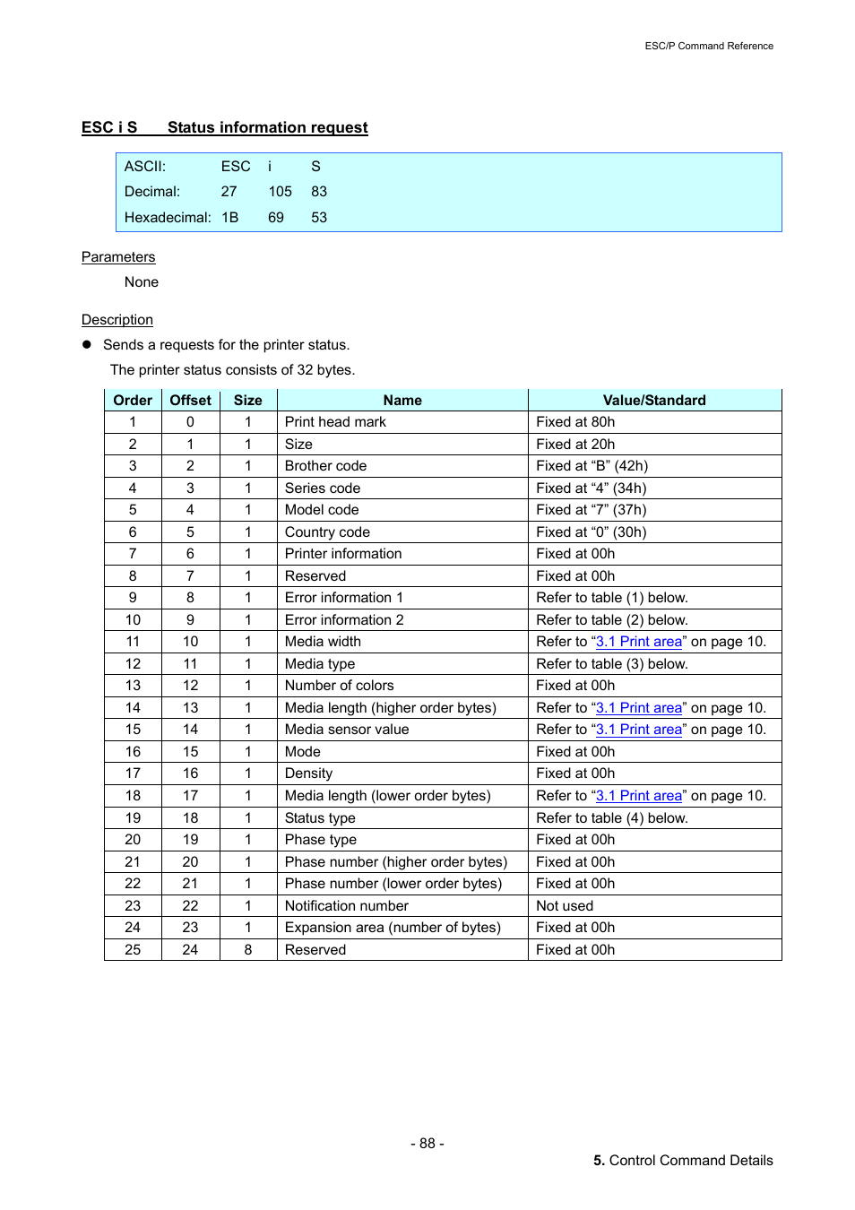 Esc i s status information request, Esc i s, Status information request | Brother QL-720NW User Manual | Page 94 / 117