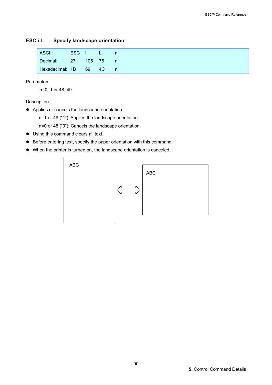 Esc i l specify landscape orientation, Esc i l, Specify landscape orientation | Brother QL-720NW User Manual | Page 96 / 117
