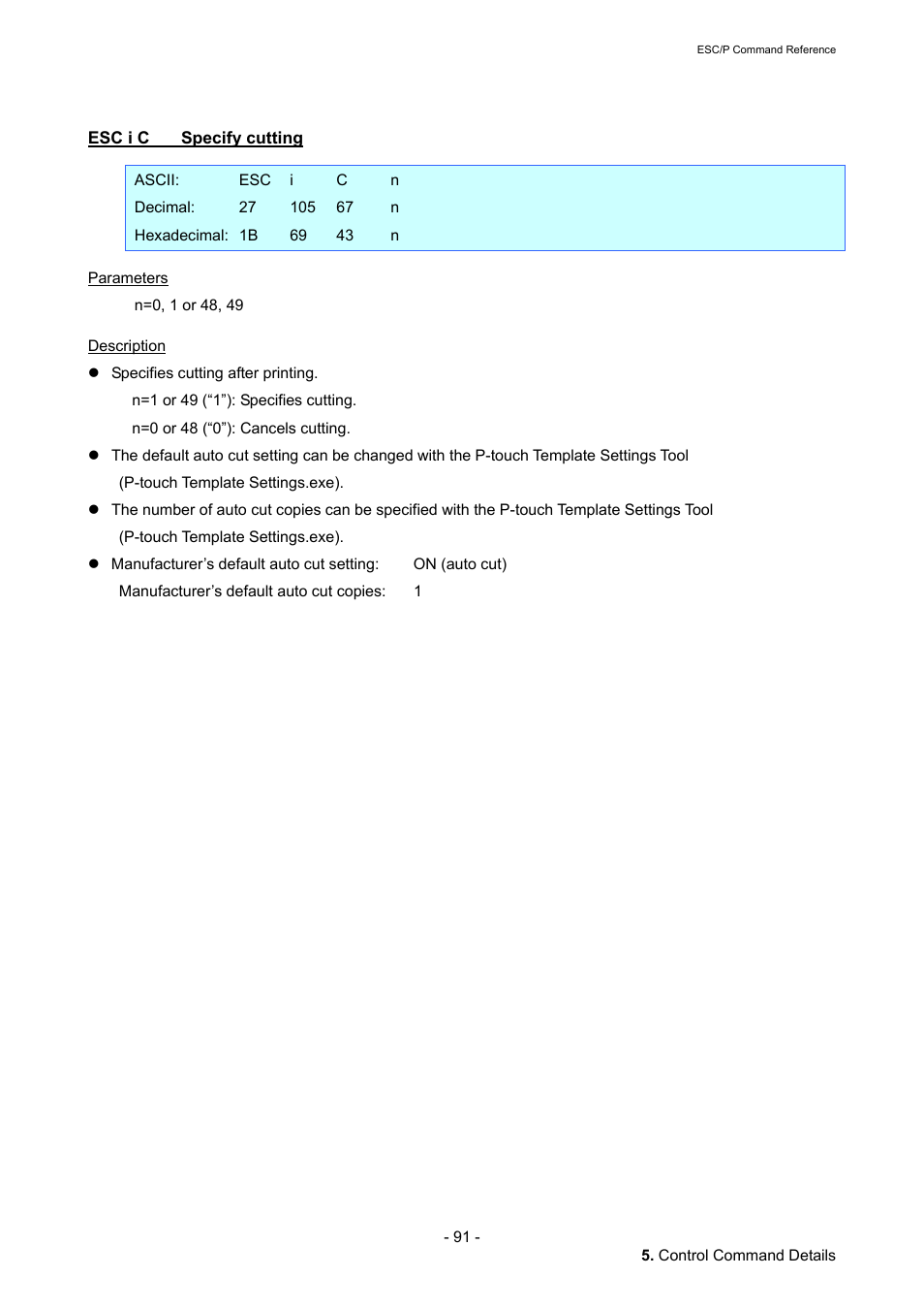 Esc i c specify cutting, Esc i c, Specify cutting | Brother QL-720NW User Manual | Page 97 / 117
