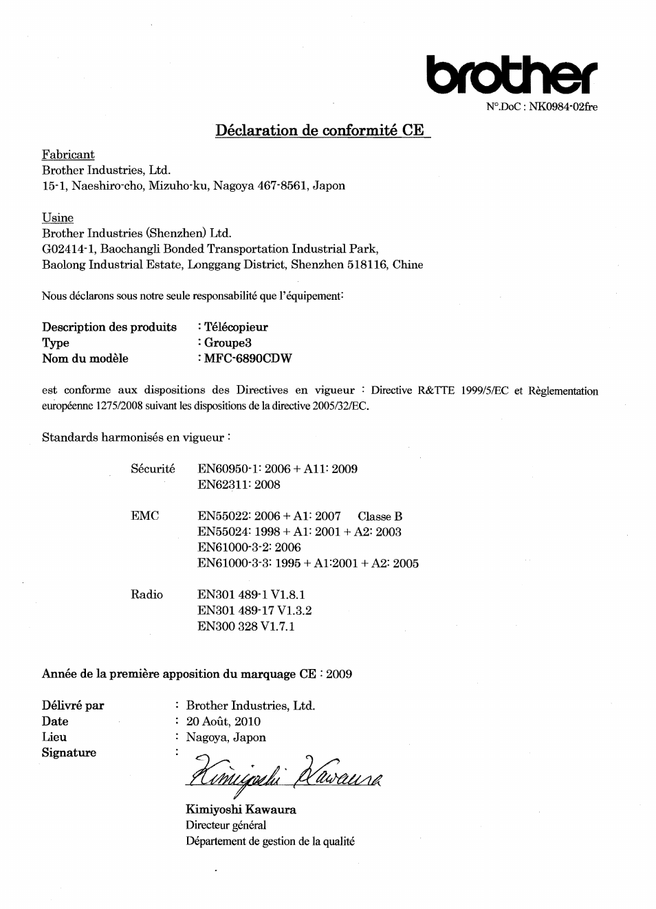 Déclaration de conformité ce, Brother | Brother MFC 6890CDW User Manual | Page 2 / 7