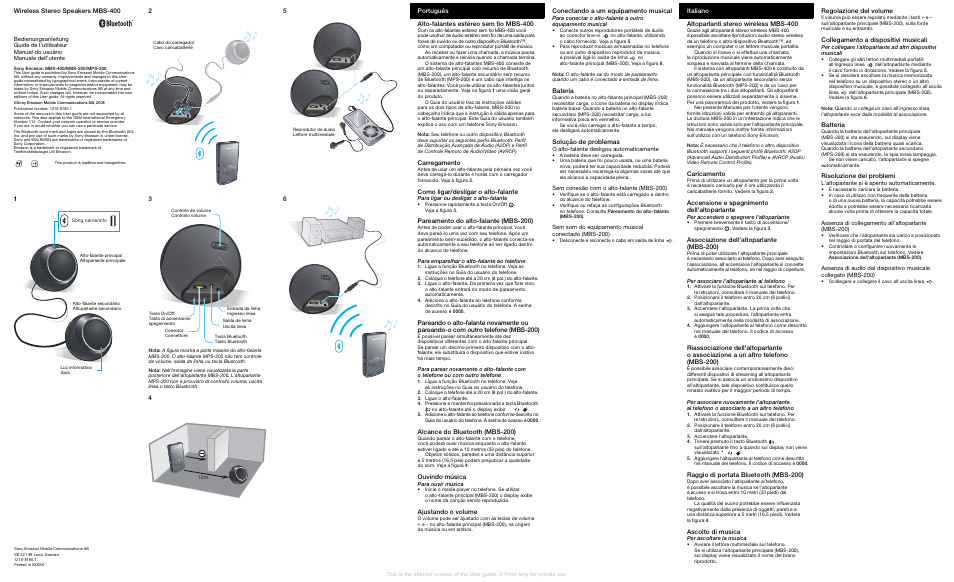 Português, Italiano | Sony Ericsson Kabelloser Stereo-Lautsprecher MBS-400(MBS-400) User Manual | Page 2 / 2