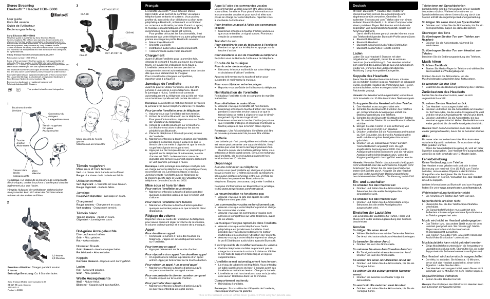 Français, Deutsch | Sony Ericsson Kabelloses Stereo-Headset HBH-IS800(IS800) User Manual | Page 2 / 2