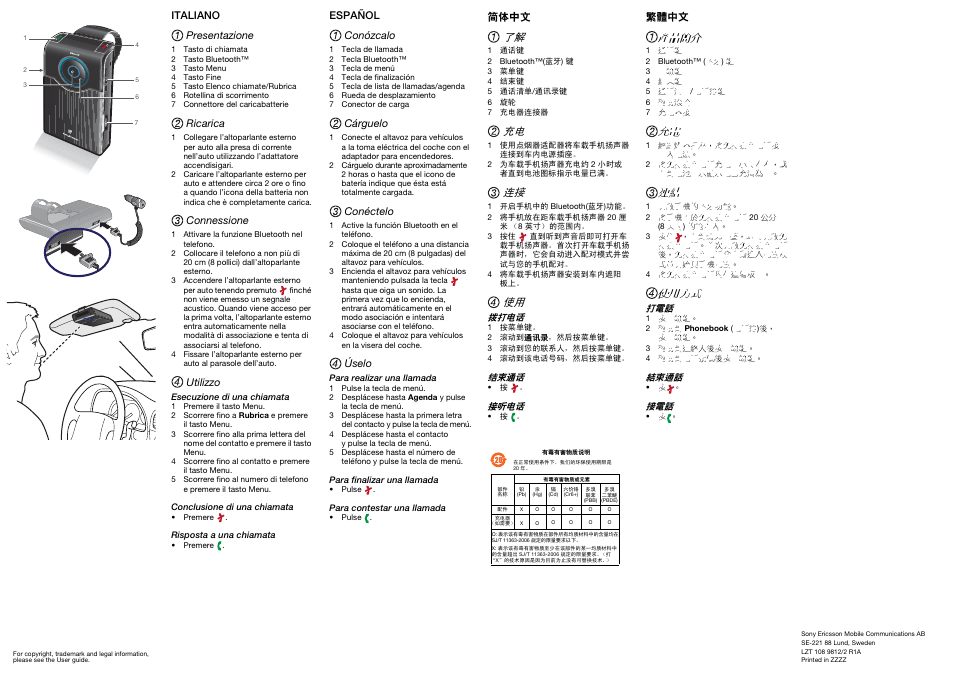 Italiano, Español, 简体中文 | 繁體中文 | Sony Ericsson Bluetooth-Auto-Freisprecheinrichtung HCB-150(HCB-150) User Manual | Page 2 / 2