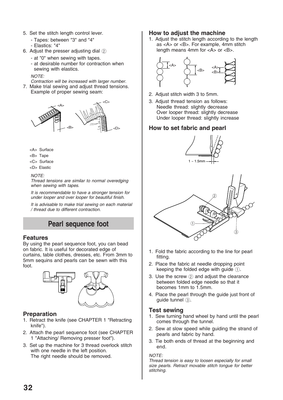 Pearl sequence foot, Features, Preparation | How to adjust the machine, How to set fabric and pearl, Test sewing | Brother 4234D User Manual | Page 36 / 80