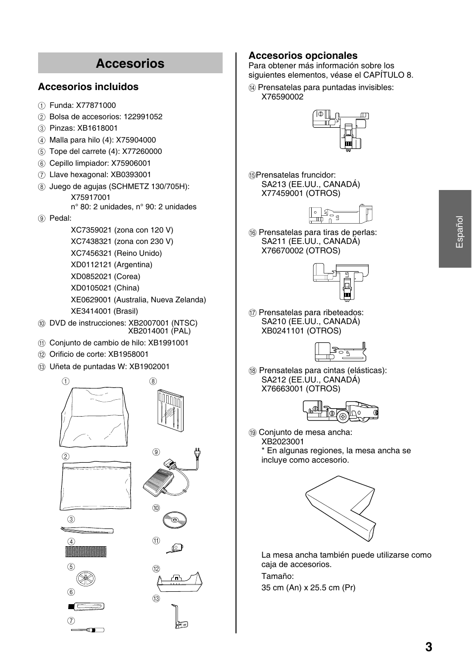 3accesorios, Accesorios incluidos, Accesorios opcionales | Brother 4234D User Manual | Page 45 / 80