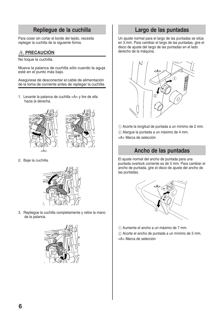 6repliegue de la cuchilla, Largo de las puntadas, Ancho de las puntadas | Brother 4234D User Manual | Page 48 / 80