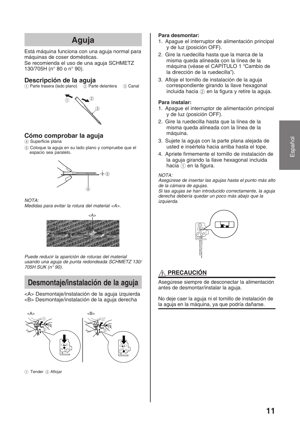 Aguja, Desmontaje/instalación de la aguja, Descripción de la aguja | Cómo comprobar la aguja | Brother 4234D User Manual | Page 53 / 80