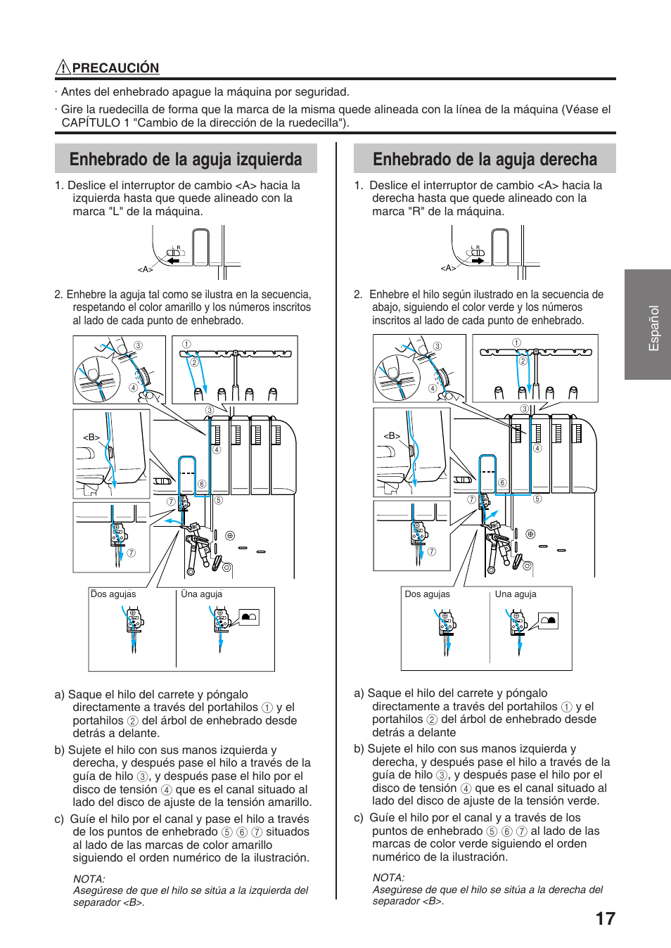 17 enhebrado de la aguja izquierda, Enhebrado de la aguja derecha | Brother 4234D User Manual | Page 59 / 80