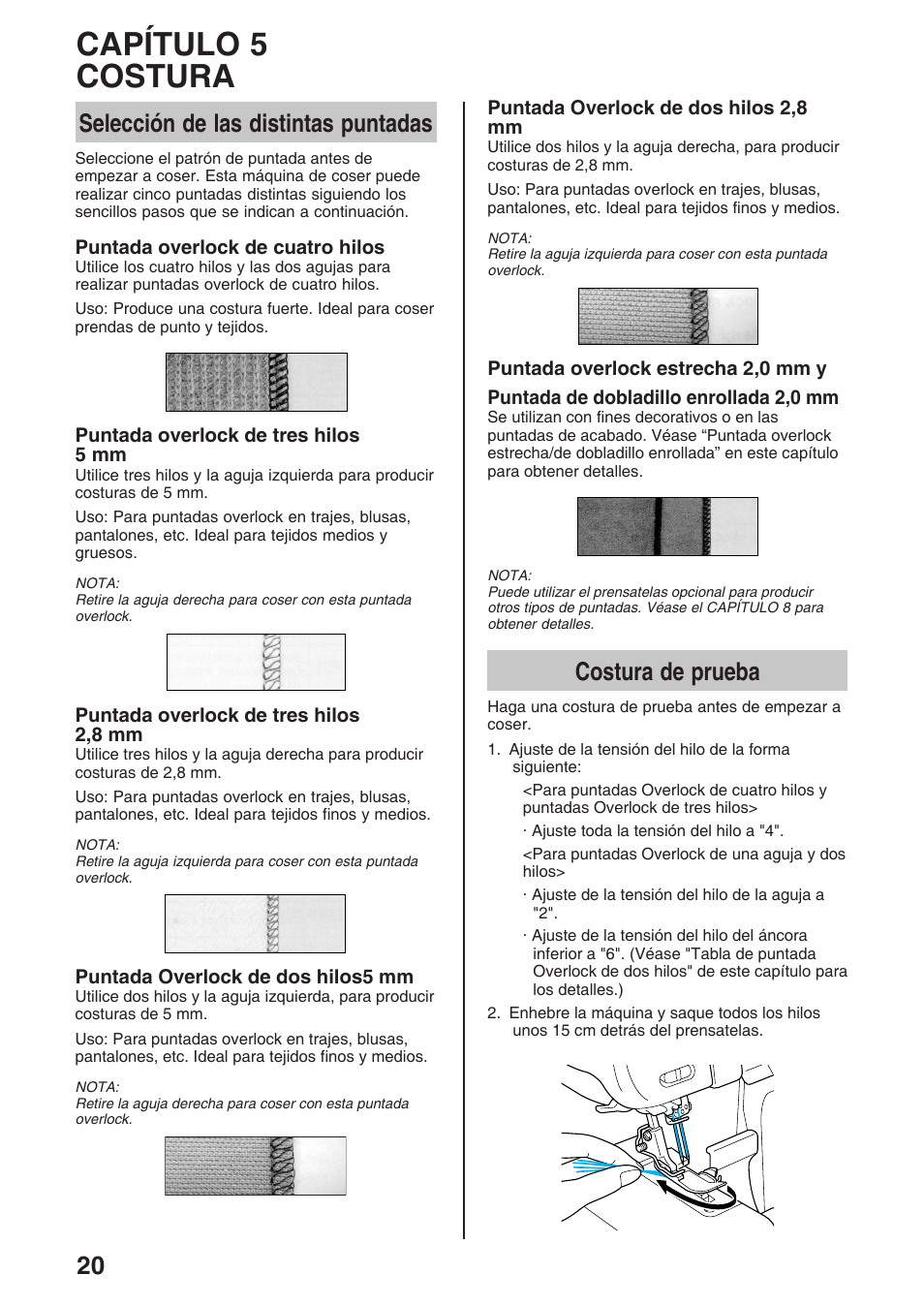 Capítulo 5 costura, Selección de las distintas puntadas, Costura de prueba | Brother 4234D User Manual | Page 62 / 80