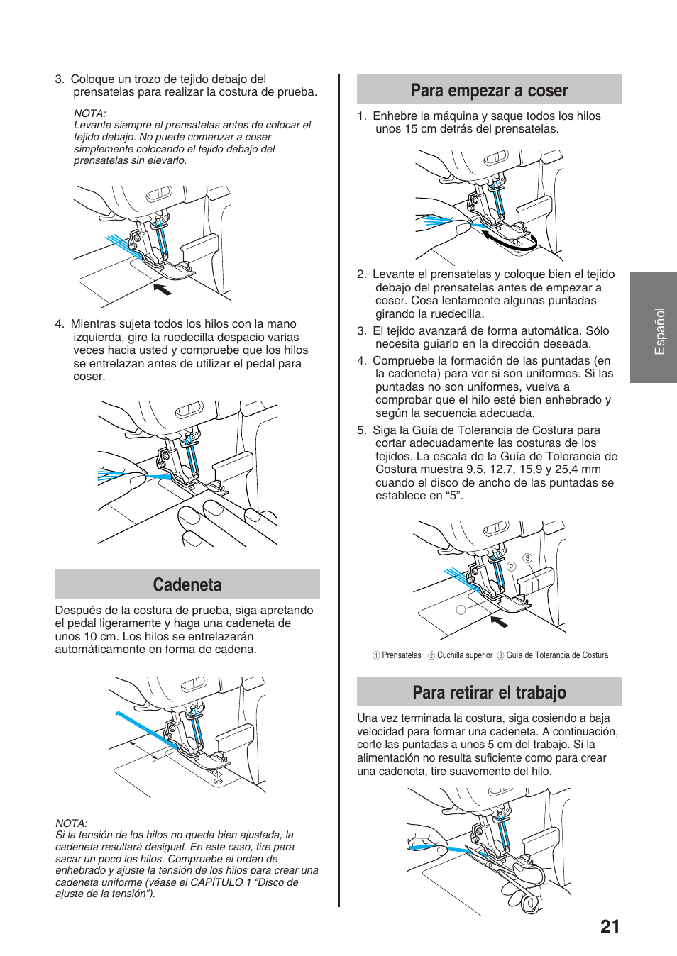 21 para empezar a coser, Para retirar el trabajo, Cadeneta | Brother 4234D User Manual | Page 63 / 80