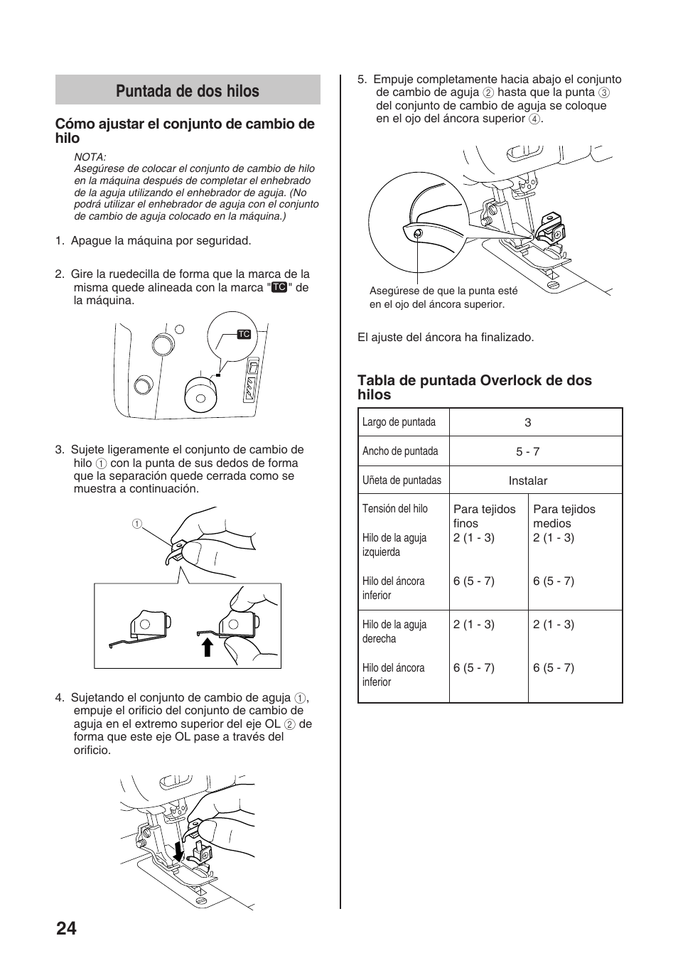 Puntada de dos hilos, Cómo ajustar el conjunto de cambio de hilo, Tabla de puntada overlock de dos hilos | Brother 4234D User Manual | Page 66 / 80