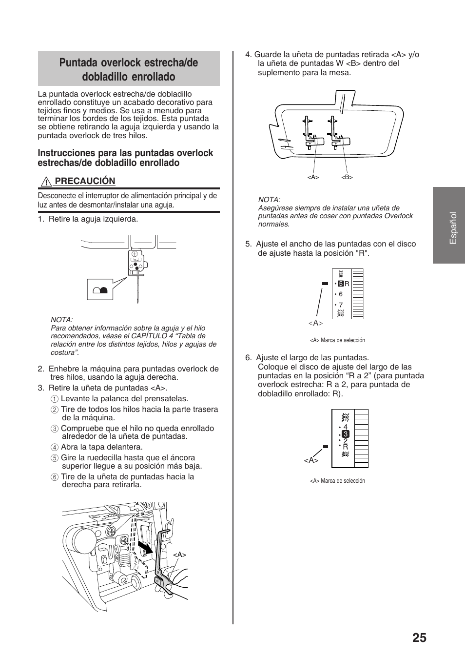 Puntada overlock estrecha/de dobladillo enrollado | Brother 4234D User Manual | Page 67 / 80