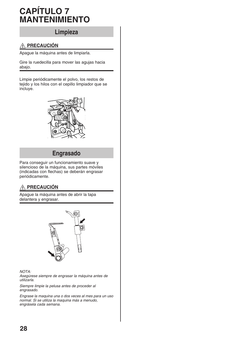 Capítulo 7 mantenimiento, Limpieza, Engrasado | Brother 4234D User Manual | Page 70 / 80