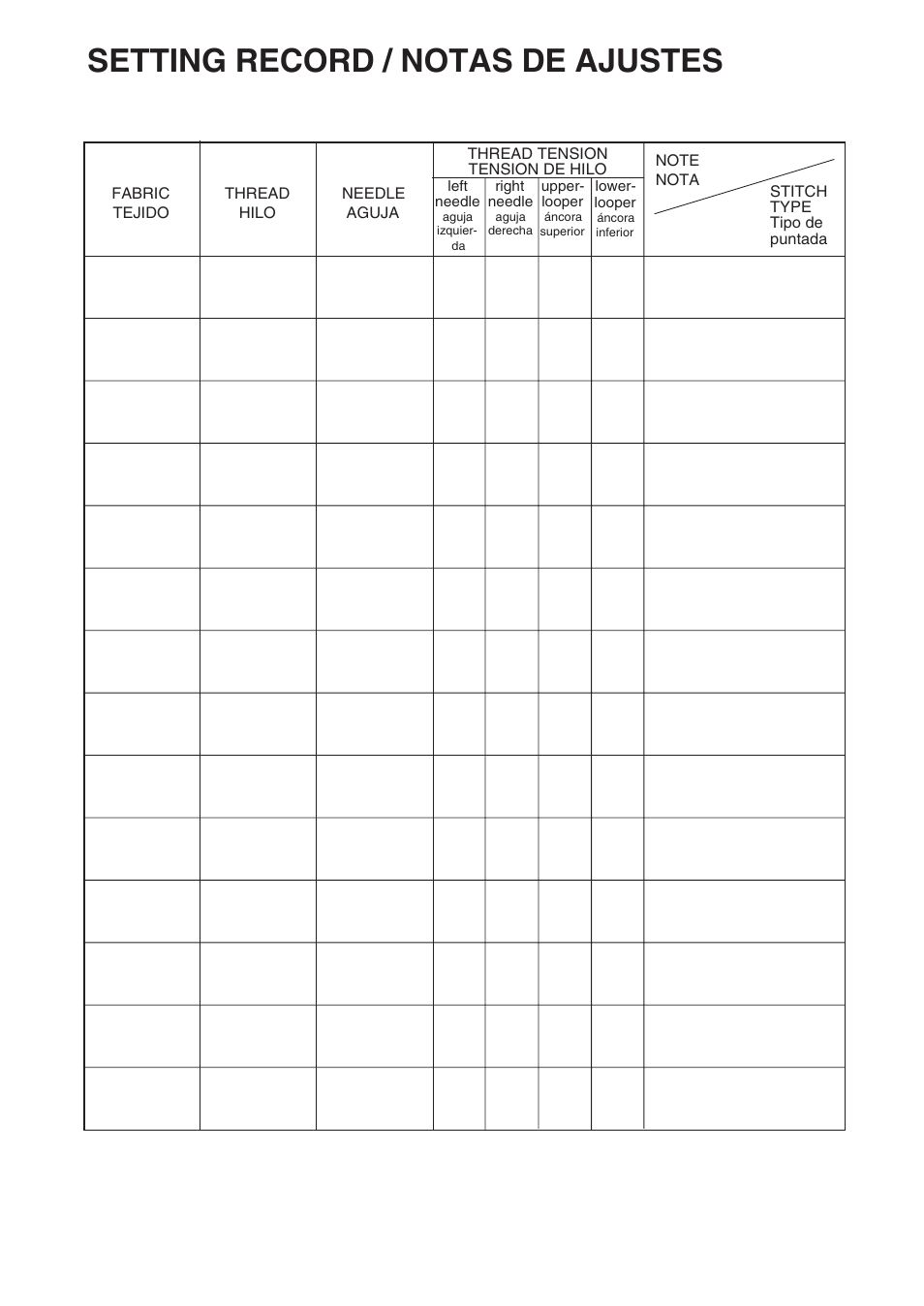 Setting record / notas de ajustes | Brother 4234D User Manual | Page 79 / 80