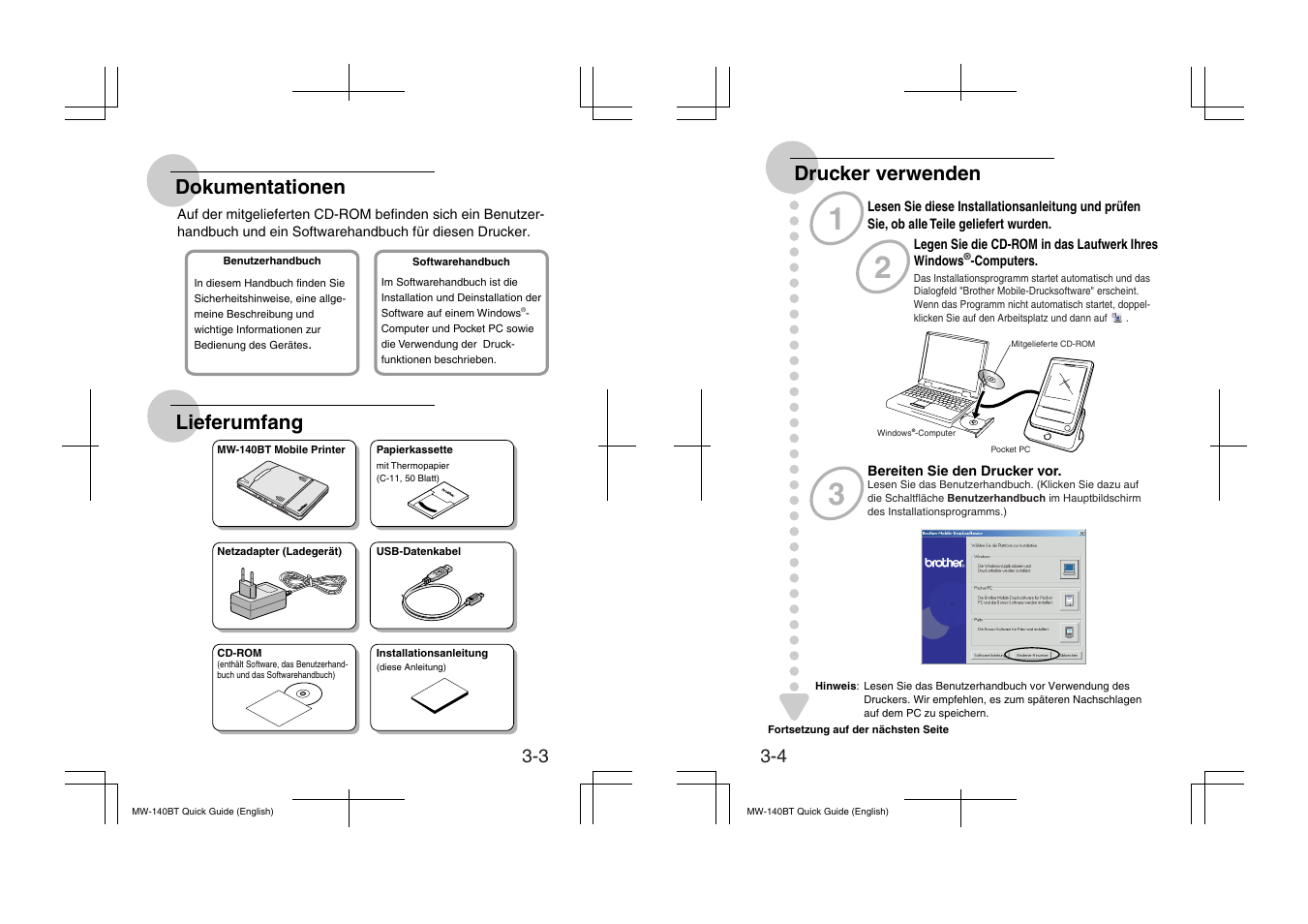 Dokumentationen lieferumfang drucker verwenden | Brother MW-140BT User Manual | Page 17 / 56