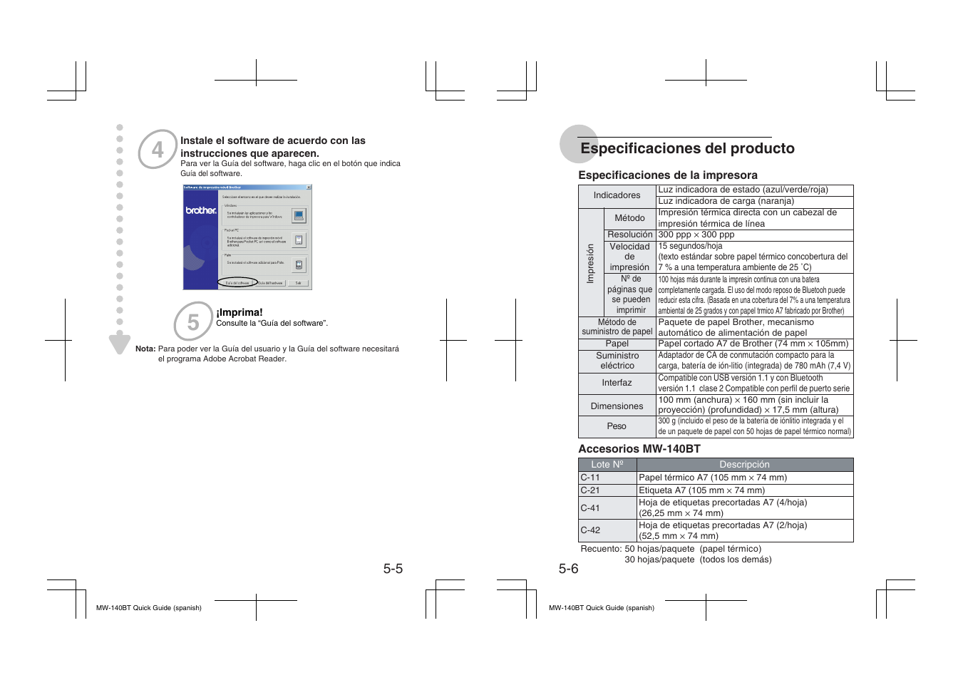 Especificaciones del producto | Brother MW-140BT User Manual | Page 30 / 56