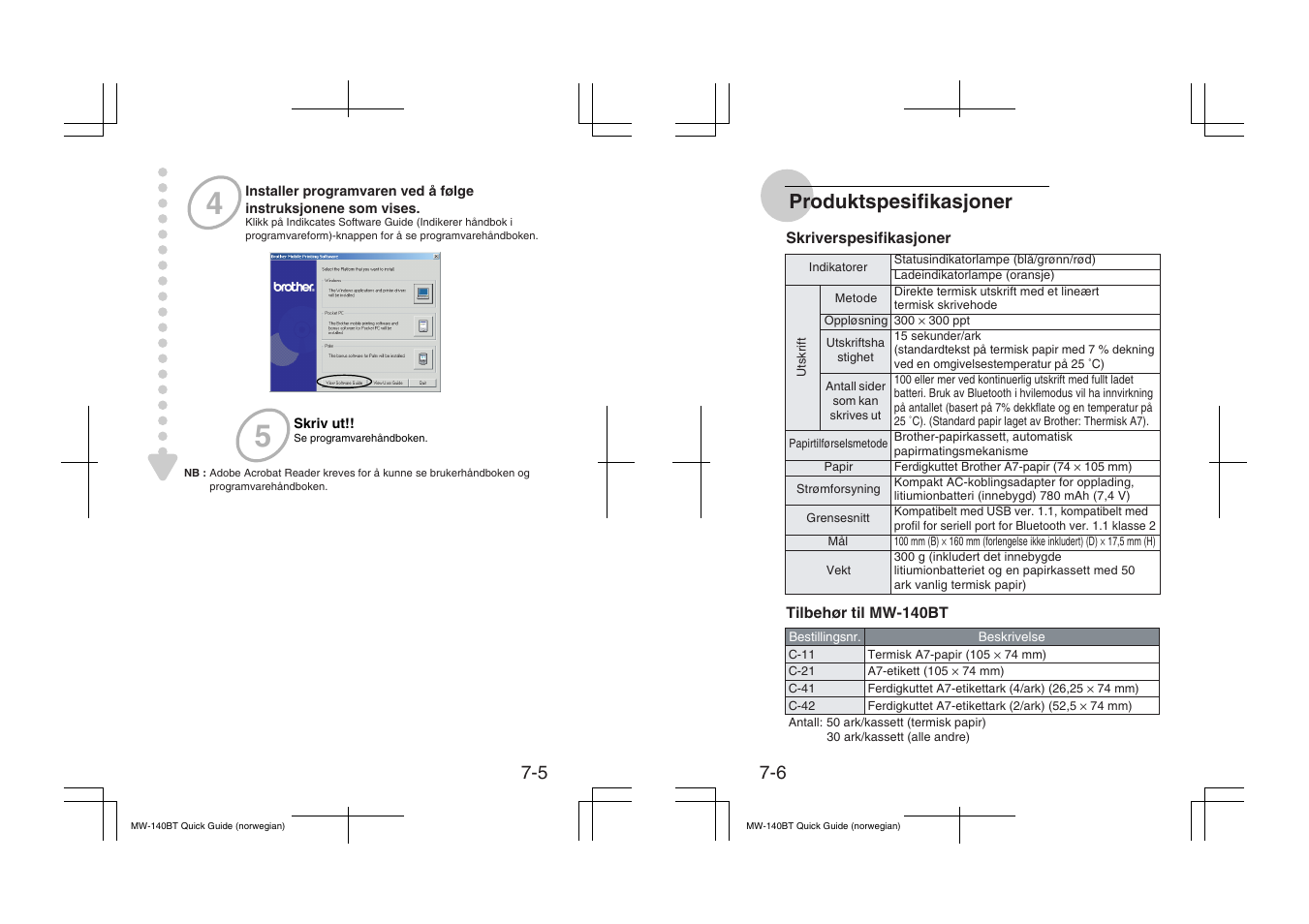 Produktspesifikasjoner | Brother MW-140BT User Manual | Page 42 / 56