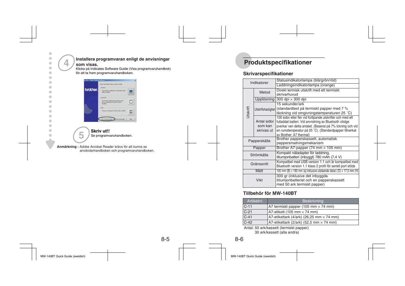 Produktspecifikationer | Brother MW-140BT User Manual | Page 48 / 56