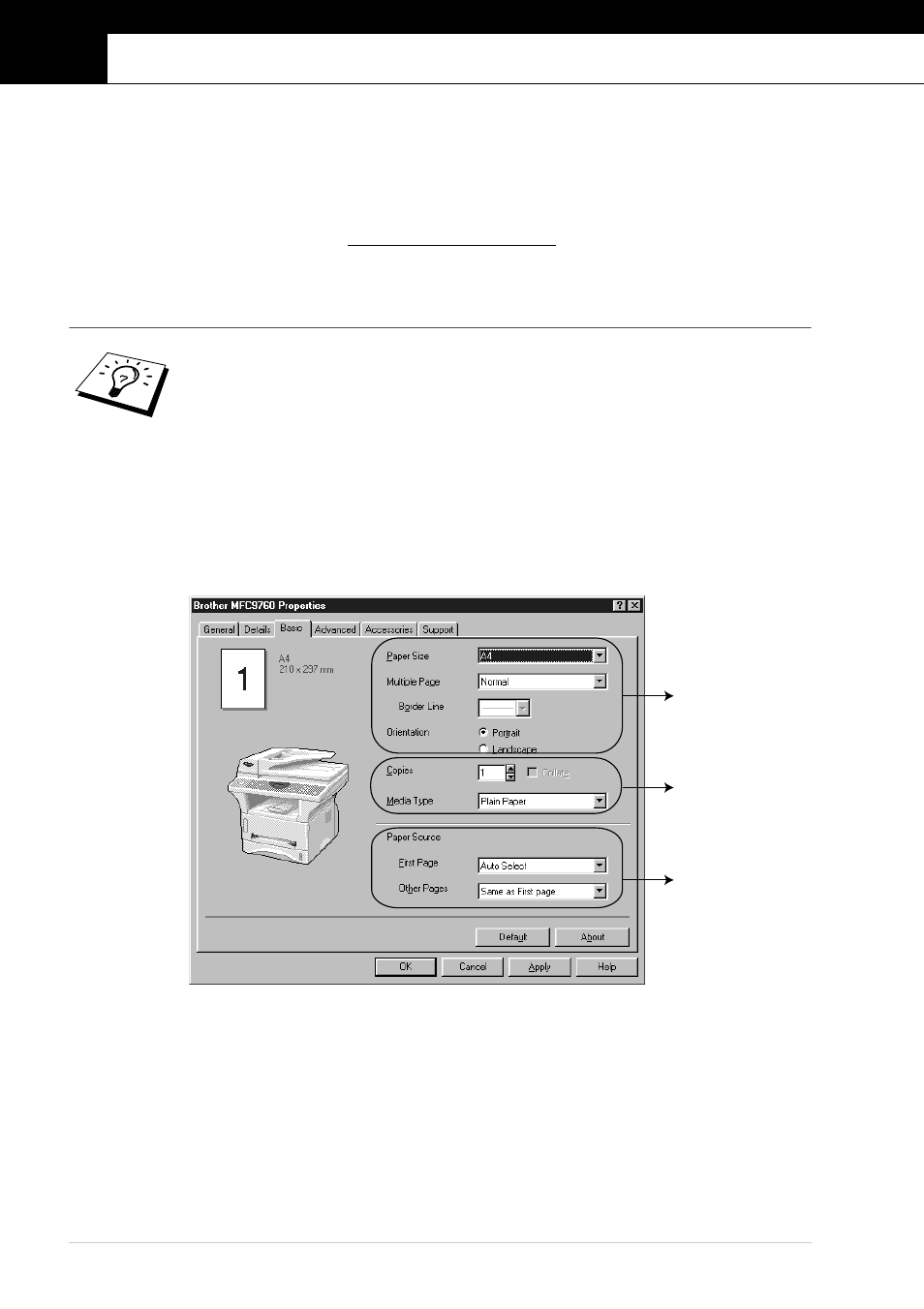 4 printer driver settings (for windows® only), Using the brother mfc-9760 printer driver, Basic tab | Chapter 4, Printer driver settings (for windows, Only), Printer driver settings, For windows | Brother MFC-9760 User Manual | Page 36 / 109