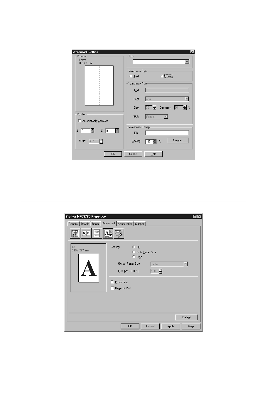 Watermark bitmap, Position, Page setting | Brother MFC-9760 User Manual | Page 42 / 109