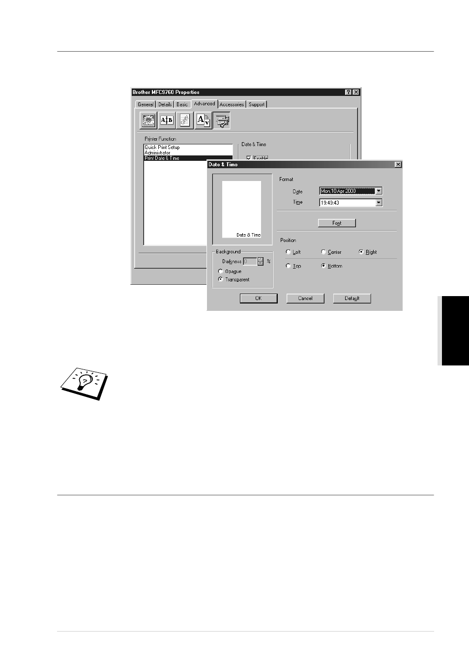 Print date & time, Accessories tab, Paper source setting | Brother MFC-9760 User Manual | Page 45 / 109