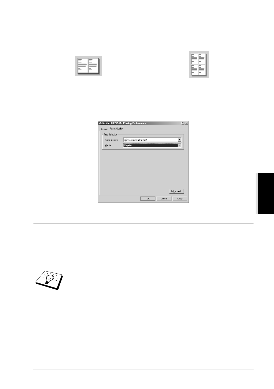 Paper/quality tab, Tray selection, Paper source | Pages per sheet | Brother MFC-9760 User Manual | Page 49 / 109