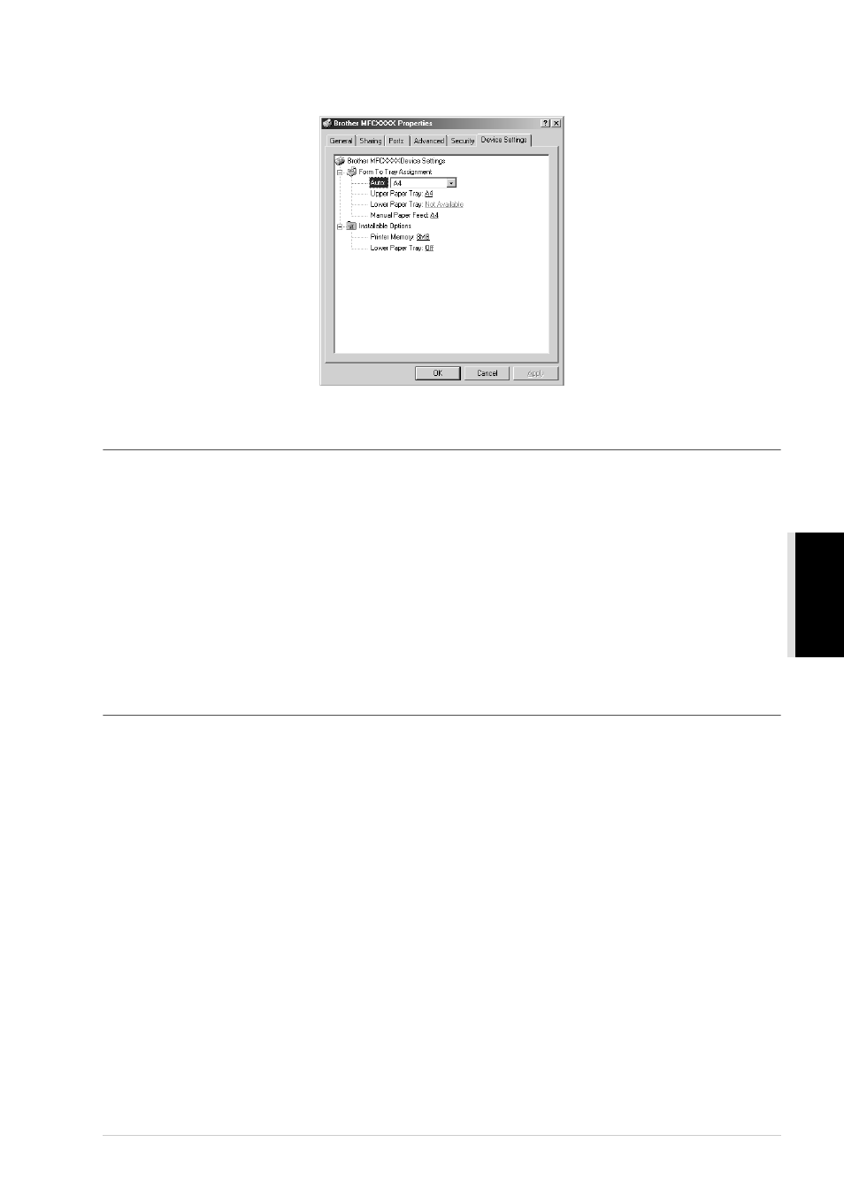 Device settings tab, Form to tray assignment, Installable options | Brother MFC-9760 User Manual | Page 51 / 109