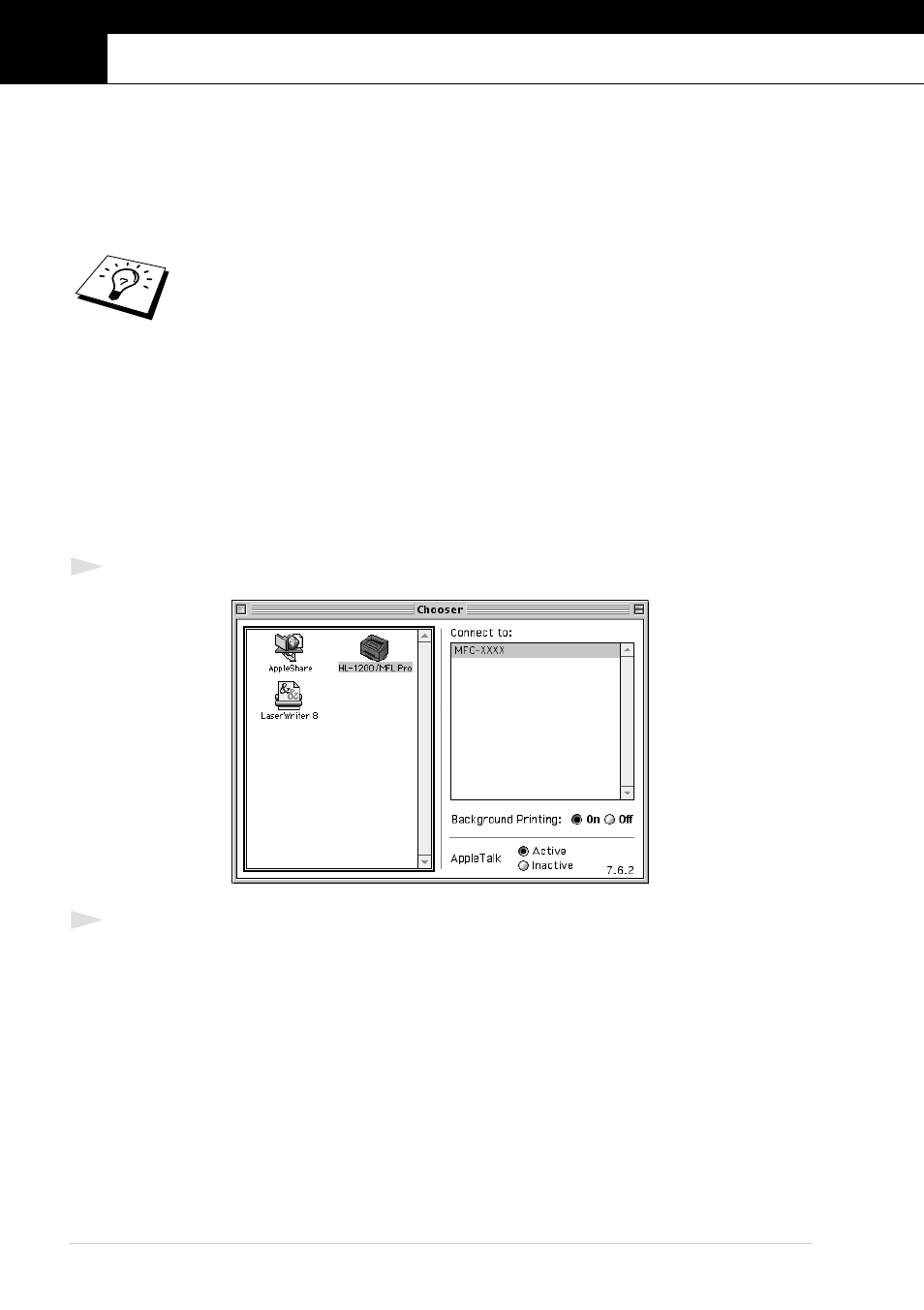 Chapter 7, Using the brother mfc with a new power macintosh, G3, g4 or imac | Ibook, Set up your usb equipped apple, Macintosh, G3,g4 or, Imac, With mac os 8.5/8.5.1/8.6/9.0/9.0.4/9.1, Using brother printer driver with your apple | Brother MFC-9760 User Manual | Page 70 / 109