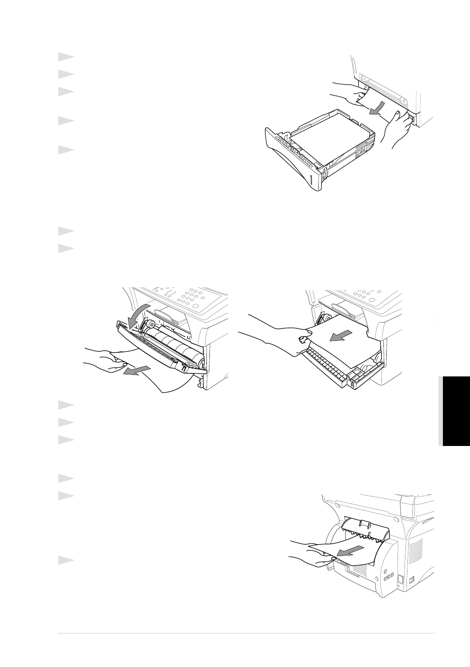 Paper is jammed in the paper tray, Paper is jammed near the drum unit, Paper is jammed in the fuser unit | Brother MFC-9760 User Manual | Page 81 / 109