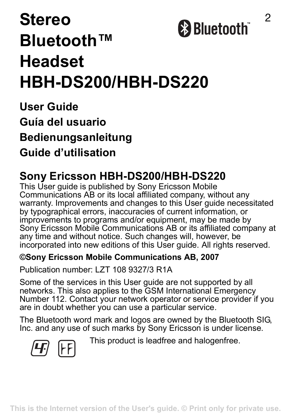 Sony Ericsson Stereo-Bluetooth-Headset HBH-DS220(DS220) User Manual | Page 2 / 36