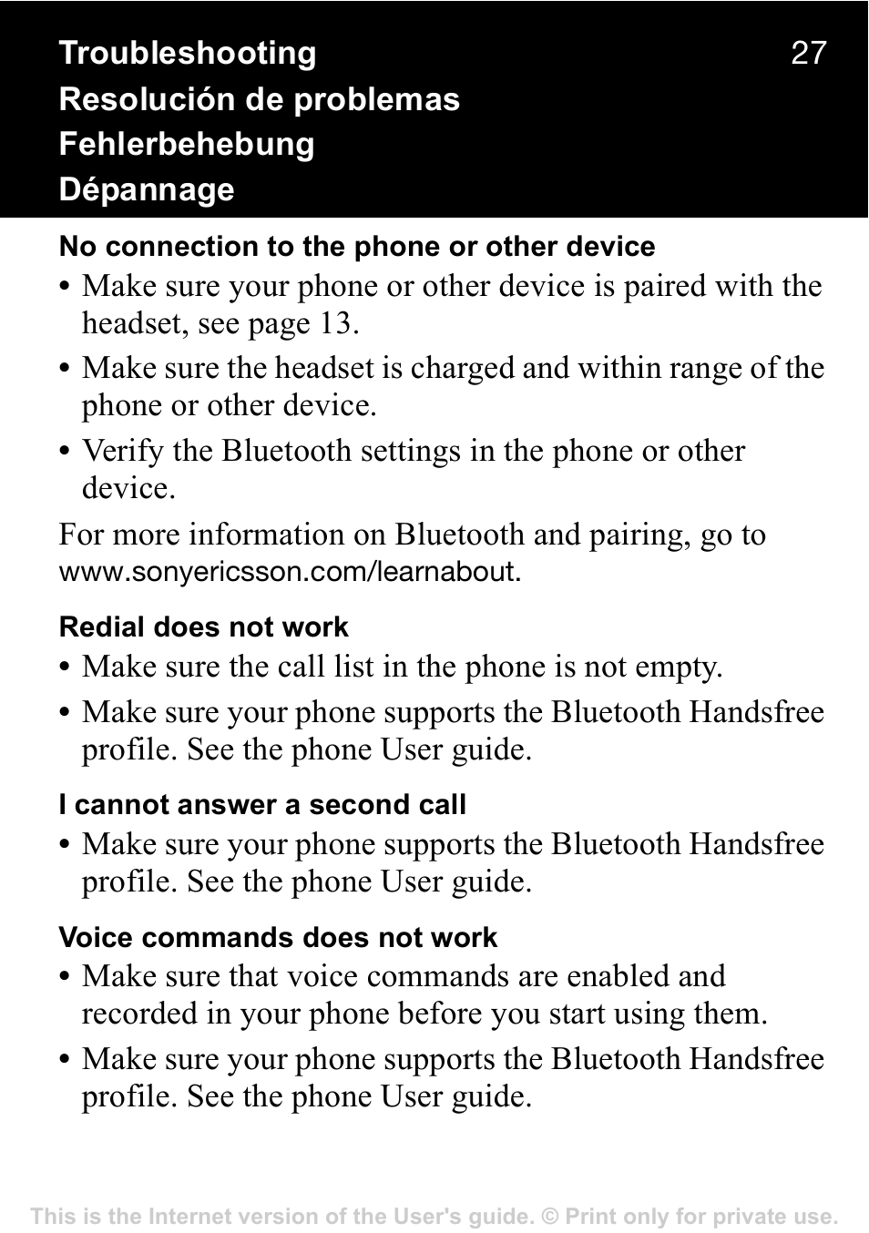 Sony Ericsson Stereo-Bluetooth-Headset HBH-DS220(DS220) User Manual | Page 27 / 36