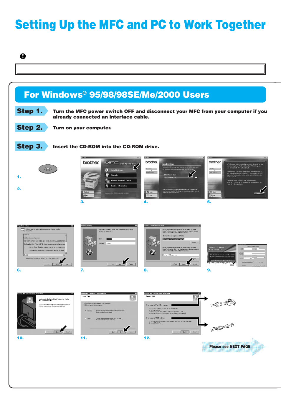 Setting up the mfc and pc to work together, For windows, Step 1 | Step 2, Step 3, Before you begin | Brother MFC-9760 User Manual | Page 2 / 4