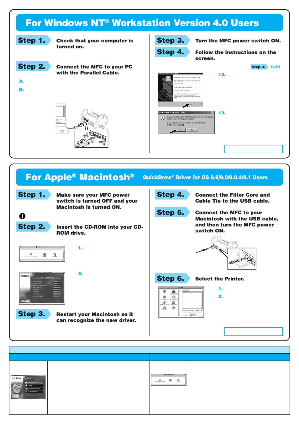 For windows nt, Workstation version 4.0 users, For apple | Macintosh, Step 1, Step 2, Step 3, Step 4, Step 5, Step 6 | Brother MFC-9760 User Manual | Page 4 / 4
